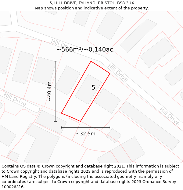 5, HILL DRIVE, FAILAND, BRISTOL, BS8 3UX: Plot and title map