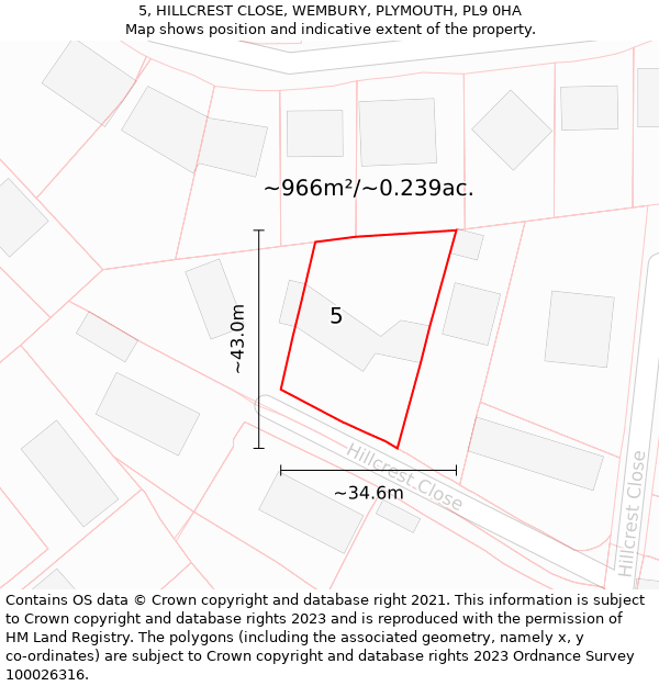 5, HILLCREST CLOSE, WEMBURY, PLYMOUTH, PL9 0HA: Plot and title map