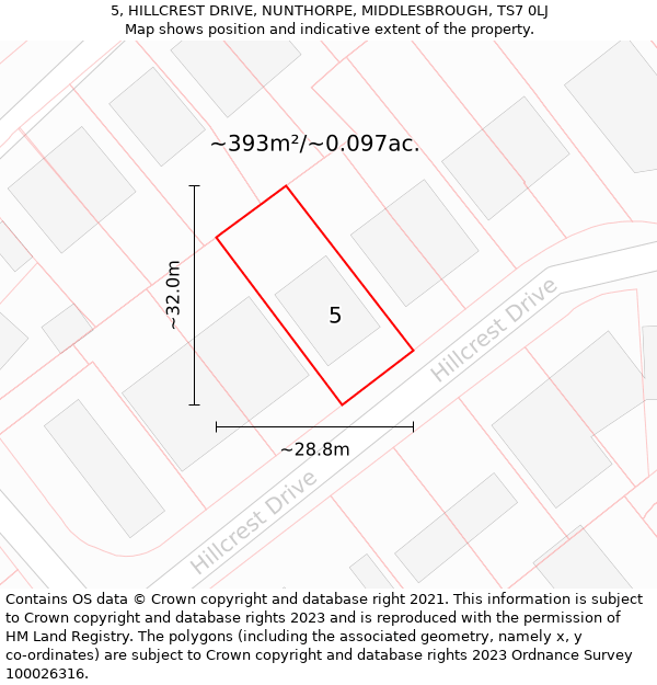 5, HILLCREST DRIVE, NUNTHORPE, MIDDLESBROUGH, TS7 0LJ: Plot and title map