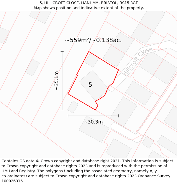 5, HILLCROFT CLOSE, HANHAM, BRISTOL, BS15 3GF: Plot and title map