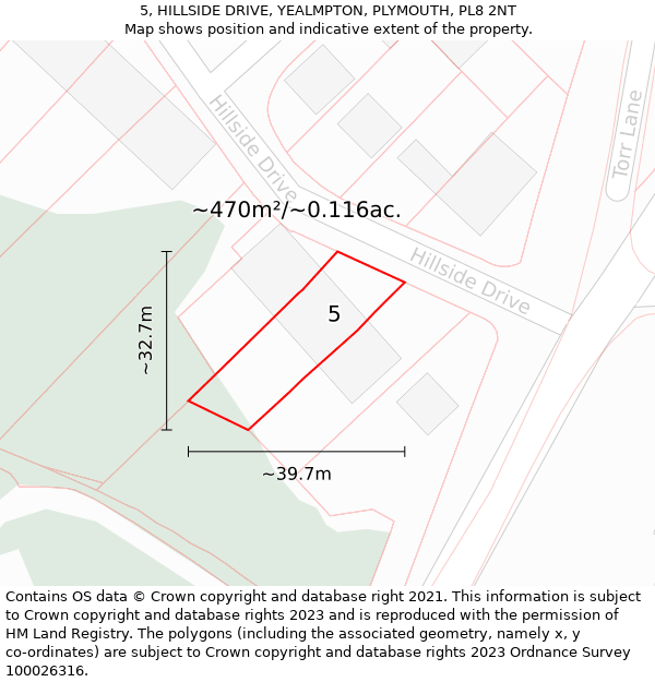 5, HILLSIDE DRIVE, YEALMPTON, PLYMOUTH, PL8 2NT: Plot and title map