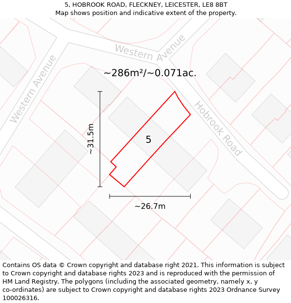 5, HOBROOK ROAD, FLECKNEY, LEICESTER, LE8 8BT: Plot and title map