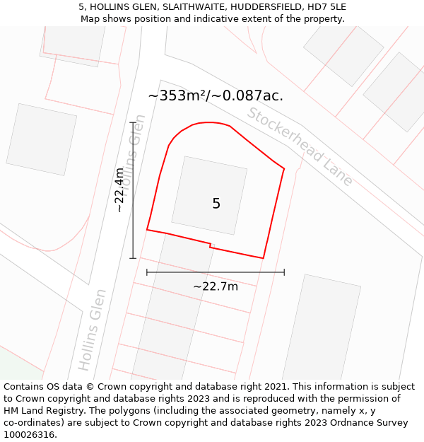 5, HOLLINS GLEN, SLAITHWAITE, HUDDERSFIELD, HD7 5LE: Plot and title map