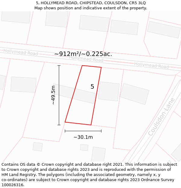 5, HOLLYMEAD ROAD, CHIPSTEAD, COULSDON, CR5 3LQ: Plot and title map