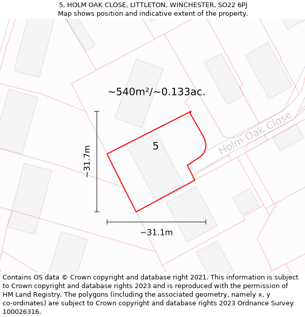 5, HOLM OAK CLOSE, LITTLETON, WINCHESTER, SO22 6PJ: Plot and title map