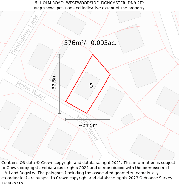 5, HOLM ROAD, WESTWOODSIDE, DONCASTER, DN9 2EY: Plot and title map