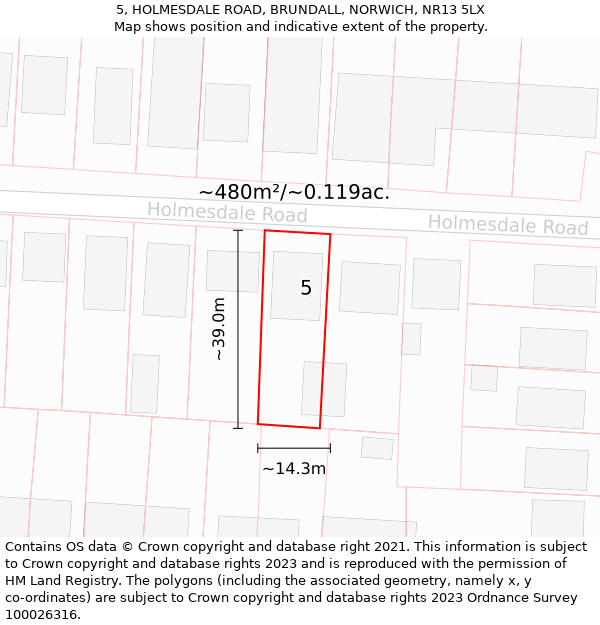 5, HOLMESDALE ROAD, BRUNDALL, NORWICH, NR13 5LX: Plot and title map