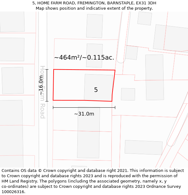 5, HOME FARM ROAD, FREMINGTON, BARNSTAPLE, EX31 3DH: Plot and title map