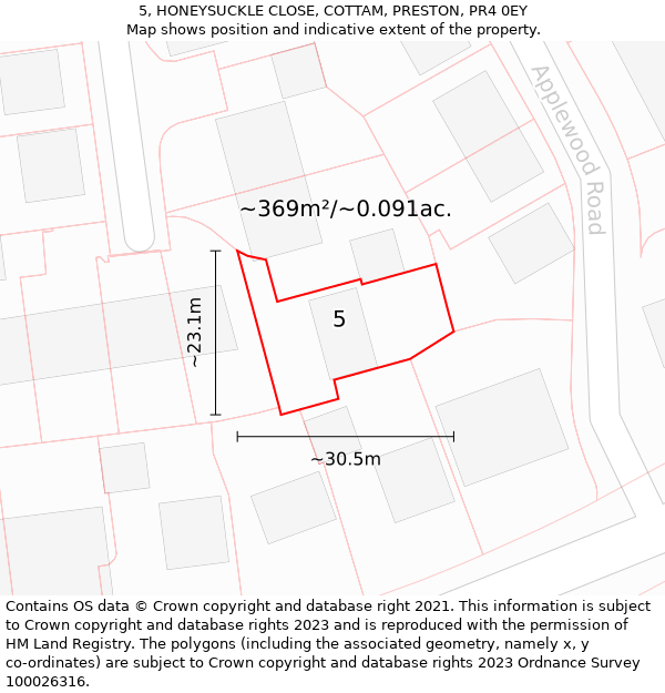 5, HONEYSUCKLE CLOSE, COTTAM, PRESTON, PR4 0EY: Plot and title map