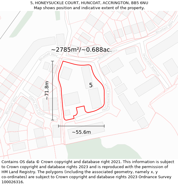 5, HONEYSUCKLE COURT, HUNCOAT, ACCRINGTON, BB5 6NU: Plot and title map