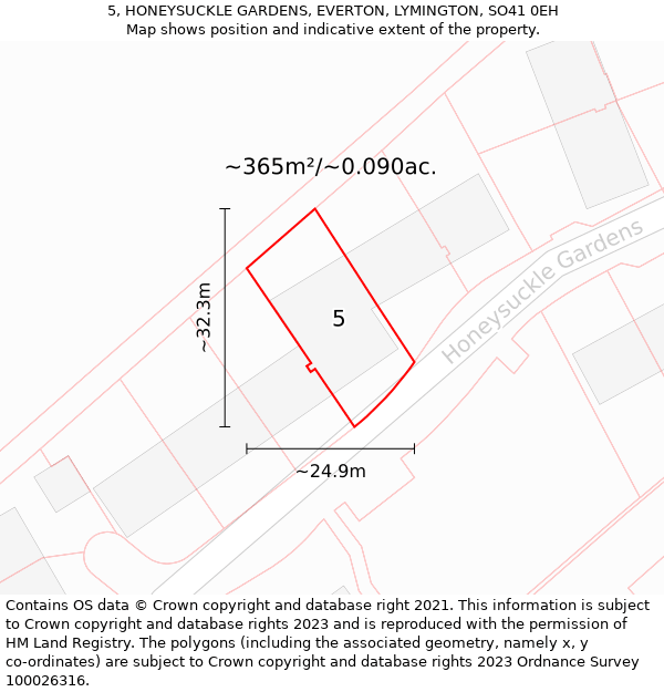 5, HONEYSUCKLE GARDENS, EVERTON, LYMINGTON, SO41 0EH: Plot and title map