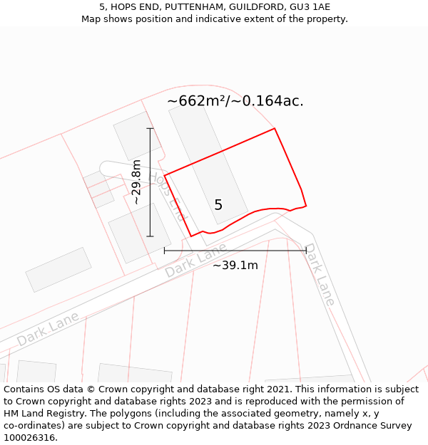 5, HOPS END, PUTTENHAM, GUILDFORD, GU3 1AE: Plot and title map