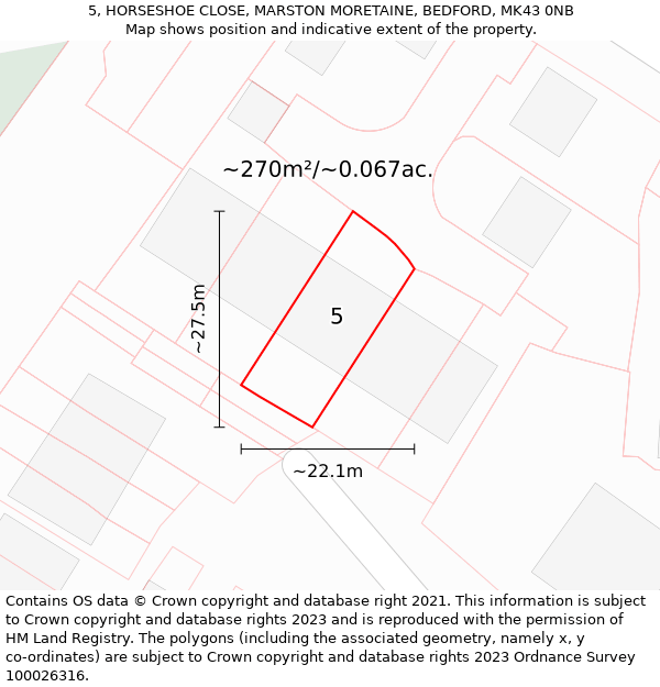5, HORSESHOE CLOSE, MARSTON MORETAINE, BEDFORD, MK43 0NB: Plot and title map