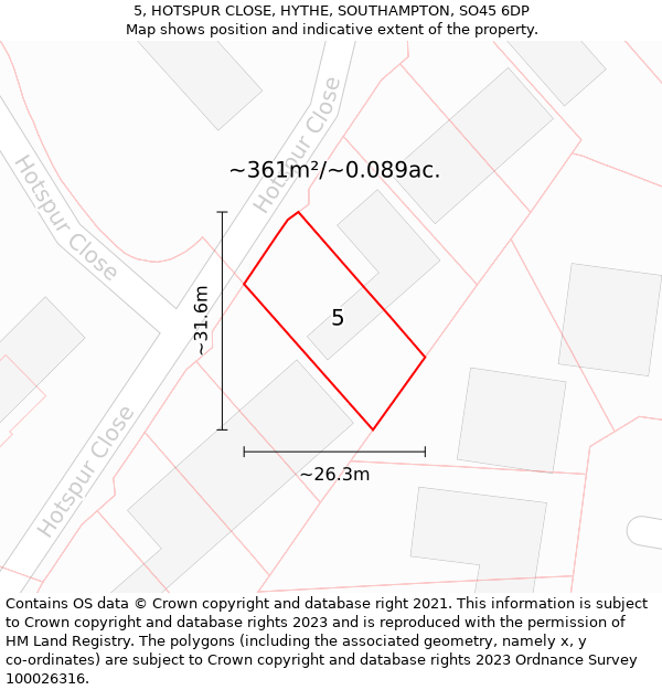 5, HOTSPUR CLOSE, HYTHE, SOUTHAMPTON, SO45 6DP: Plot and title map