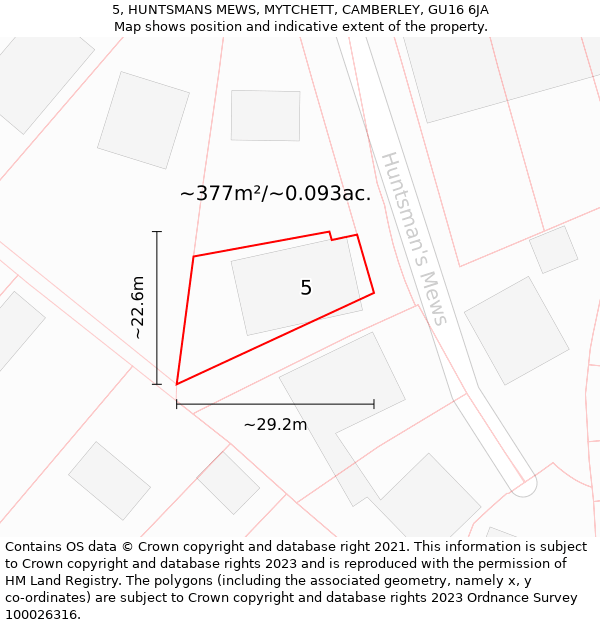 5, HUNTSMANS MEWS, MYTCHETT, CAMBERLEY, GU16 6JA: Plot and title map