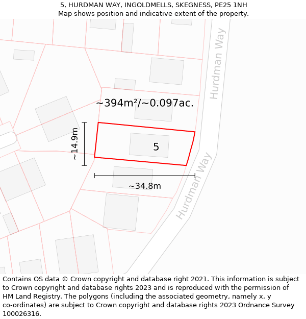 5, HURDMAN WAY, INGOLDMELLS, SKEGNESS, PE25 1NH: Plot and title map