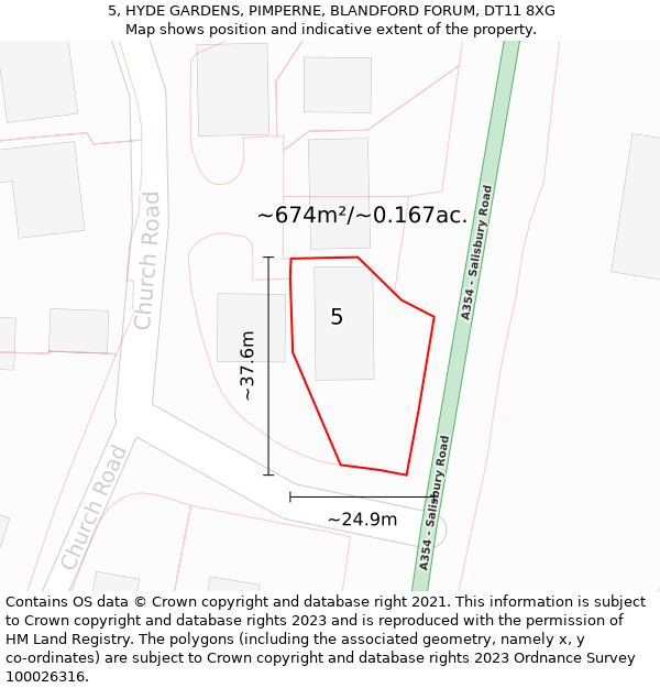 5, HYDE GARDENS, PIMPERNE, BLANDFORD FORUM, DT11 8XG: Plot and title map