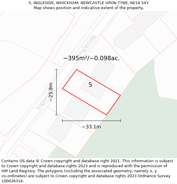 5, INGLESIDE, WHICKHAM, NEWCASTLE UPON TYNE, NE16 5XY: Plot and title map