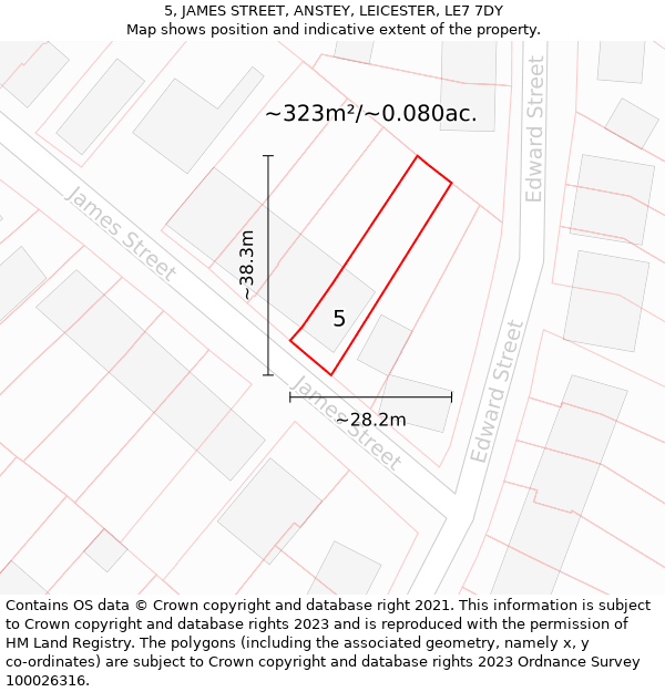 5, JAMES STREET, ANSTEY, LEICESTER, LE7 7DY: Plot and title map