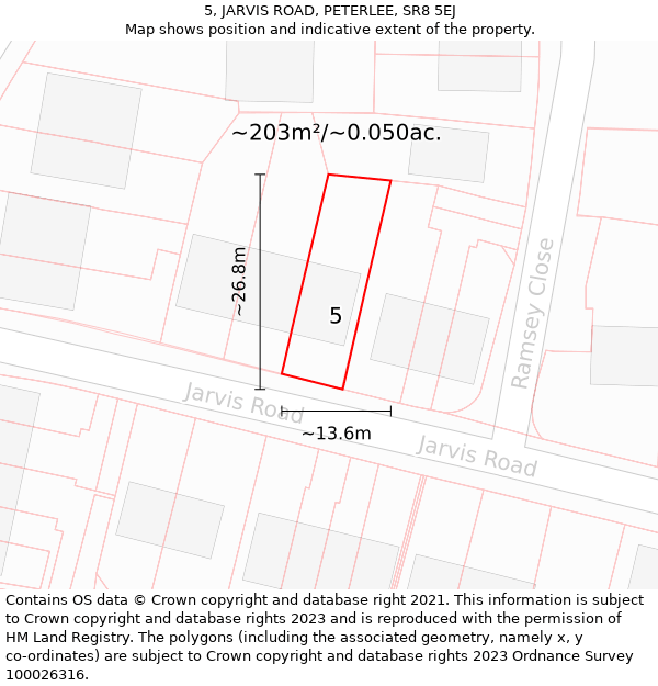 5, JARVIS ROAD, PETERLEE, SR8 5EJ: Plot and title map