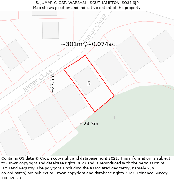 5, JUMAR CLOSE, WARSASH, SOUTHAMPTON, SO31 9JP: Plot and title map