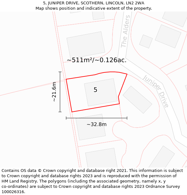 5, JUNIPER DRIVE, SCOTHERN, LINCOLN, LN2 2WA: Plot and title map