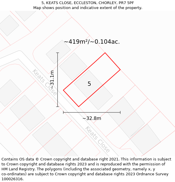 5, KEATS CLOSE, ECCLESTON, CHORLEY, PR7 5PF: Plot and title map