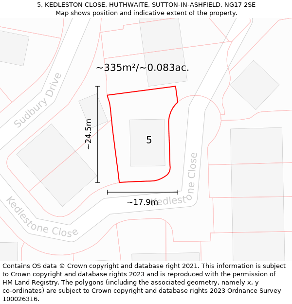 5, KEDLESTON CLOSE, HUTHWAITE, SUTTON-IN-ASHFIELD, NG17 2SE: Plot and title map