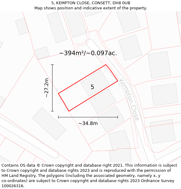 5, KEMPTON CLOSE, CONSETT, DH8 0UB: Plot and title map