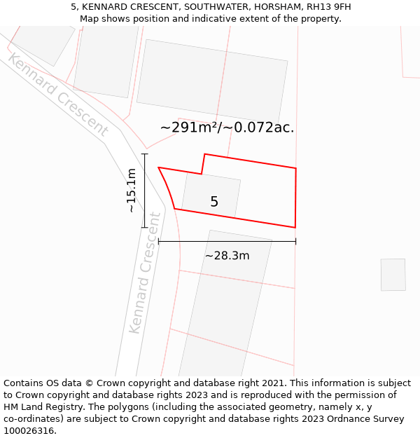 5, KENNARD CRESCENT, SOUTHWATER, HORSHAM, RH13 9FH: Plot and title map