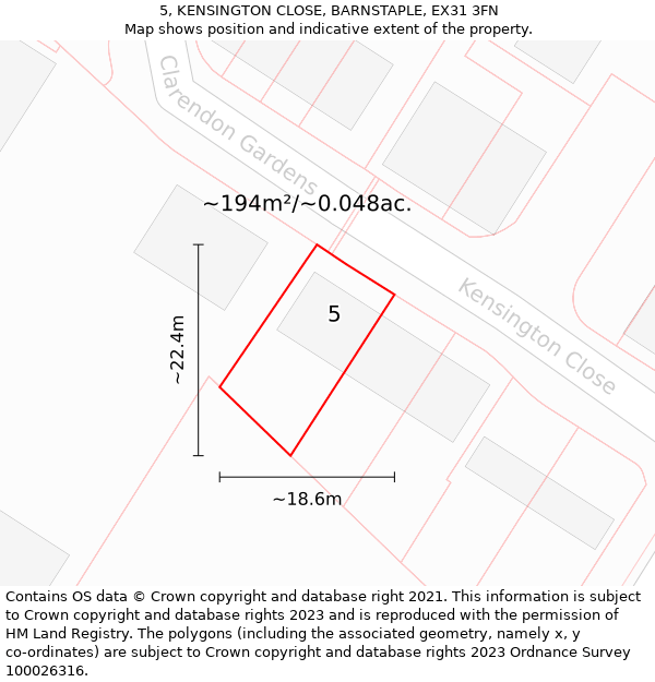 5, KENSINGTON CLOSE, BARNSTAPLE, EX31 3FN: Plot and title map