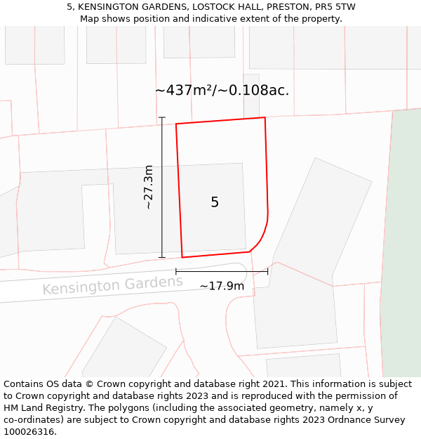 5, KENSINGTON GARDENS, LOSTOCK HALL, PRESTON, PR5 5TW: Plot and title map