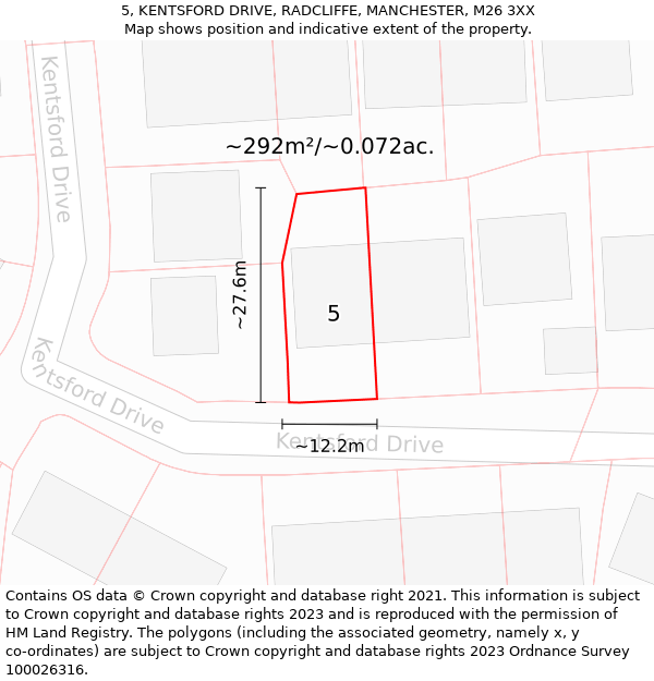 5, KENTSFORD DRIVE, RADCLIFFE, MANCHESTER, M26 3XX: Plot and title map