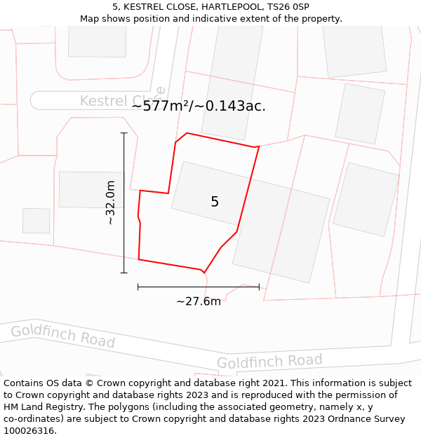 5, KESTREL CLOSE, HARTLEPOOL, TS26 0SP: Plot and title map