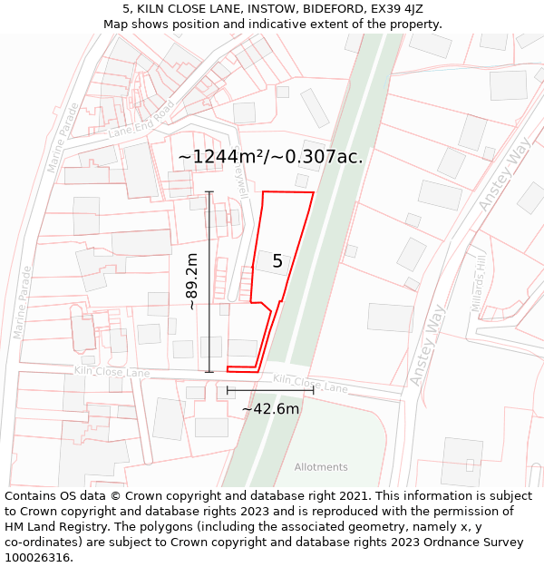 5, KILN CLOSE LANE, INSTOW, BIDEFORD, EX39 4JZ: Plot and title map