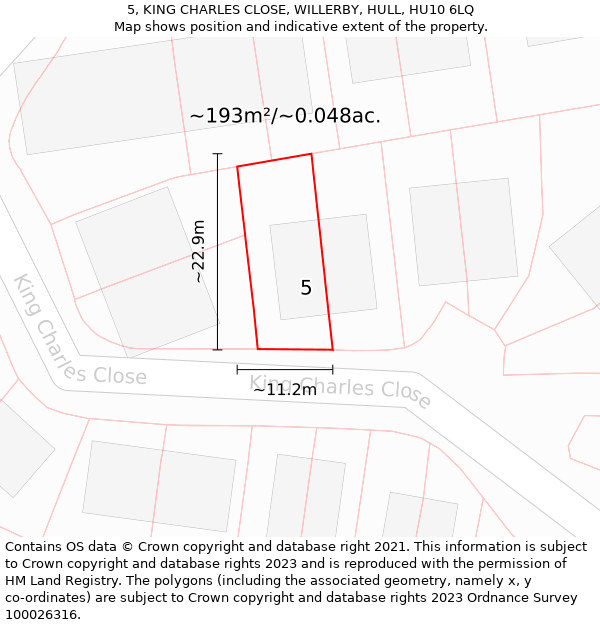 5, KING CHARLES CLOSE, WILLERBY, HULL, HU10 6LQ: Plot and title map