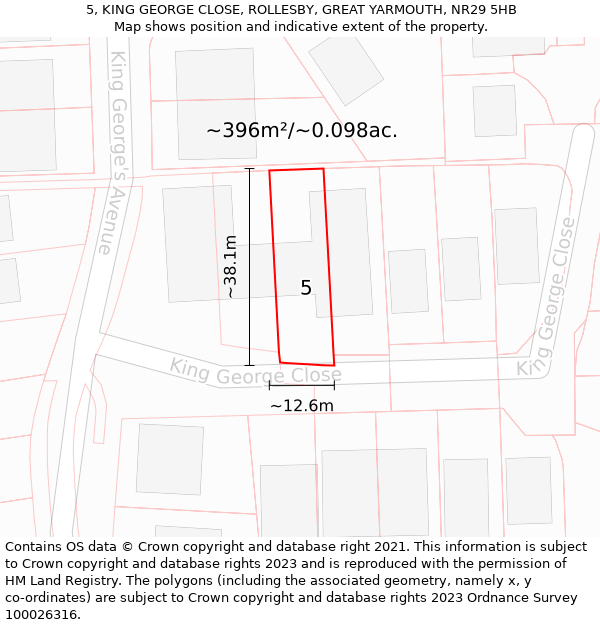 5, KING GEORGE CLOSE, ROLLESBY, GREAT YARMOUTH, NR29 5HB: Plot and title map