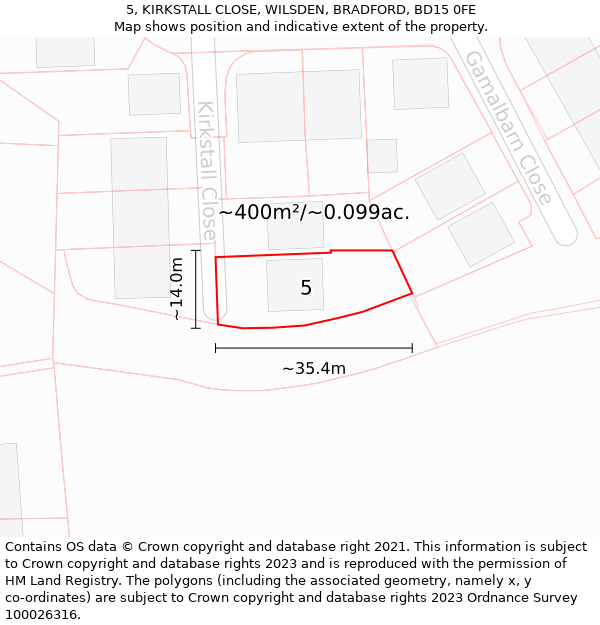 5, KIRKSTALL CLOSE, WILSDEN, BRADFORD, BD15 0FE: Plot and title map