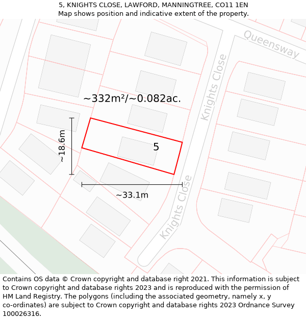 5, KNIGHTS CLOSE, LAWFORD, MANNINGTREE, CO11 1EN: Plot and title map