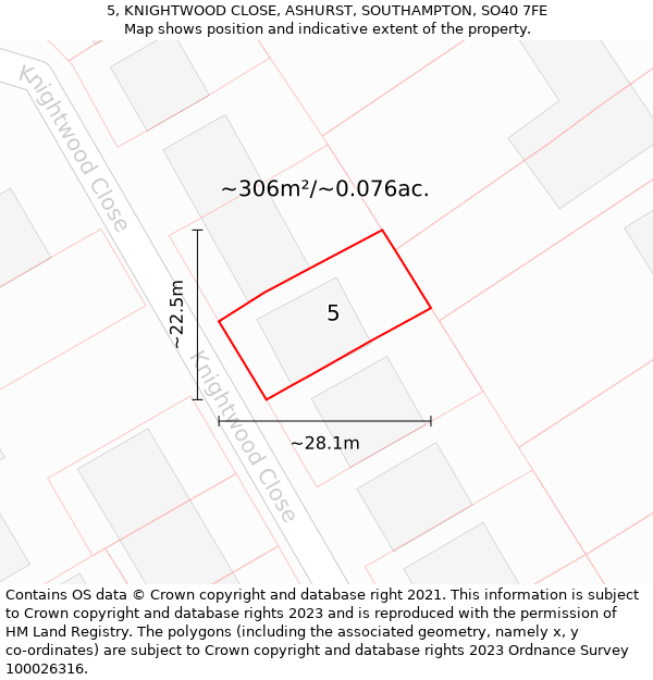 5, KNIGHTWOOD CLOSE, ASHURST, SOUTHAMPTON, SO40 7FE: Plot and title map