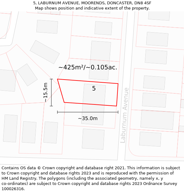 5, LABURNUM AVENUE, MOORENDS, DONCASTER, DN8 4SF: Plot and title map