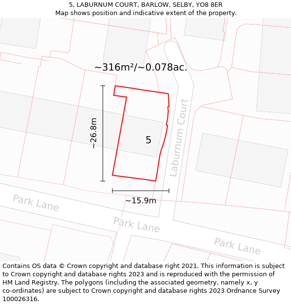 5, LABURNUM COURT, BARLOW, SELBY, YO8 8ER: Plot and title map