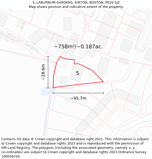 5, LABURNUM GARDENS, KIRTON, BOSTON, PE20 1JZ: Plot and title map