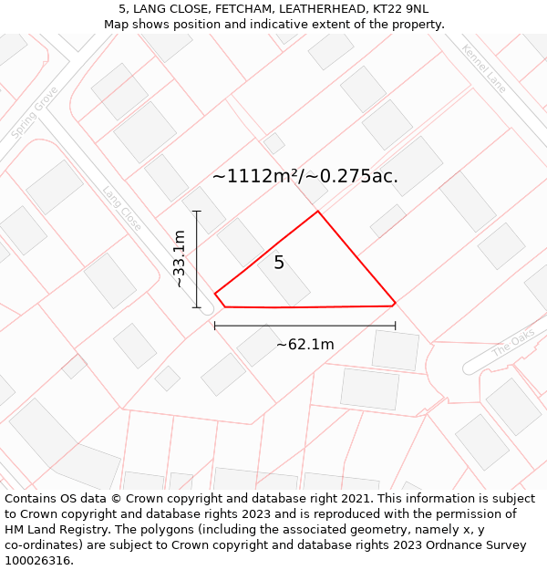 5, LANG CLOSE, FETCHAM, LEATHERHEAD, KT22 9NL: Plot and title map