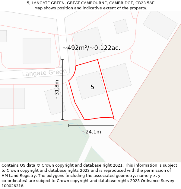 5, LANGATE GREEN, GREAT CAMBOURNE, CAMBRIDGE, CB23 5AE: Plot and title map