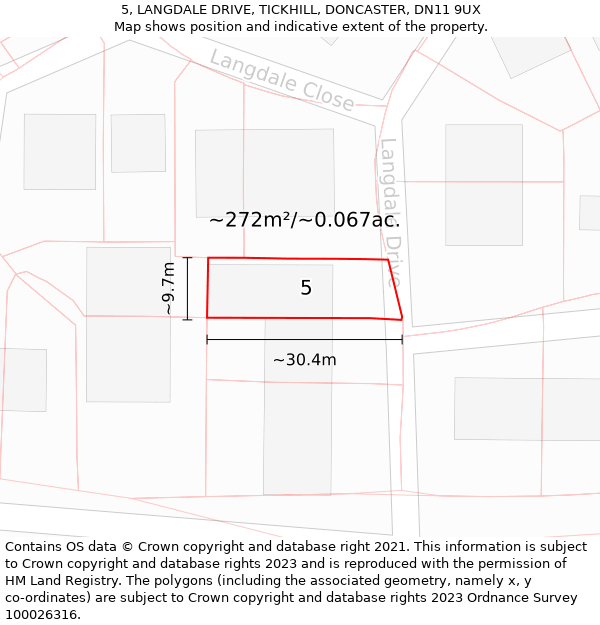 5, LANGDALE DRIVE, TICKHILL, DONCASTER, DN11 9UX: Plot and title map