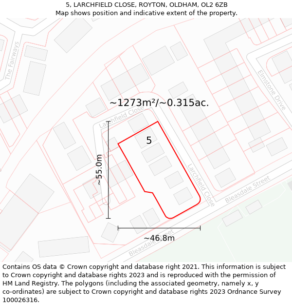 5, LARCHFIELD CLOSE, ROYTON, OLDHAM, OL2 6ZB: Plot and title map