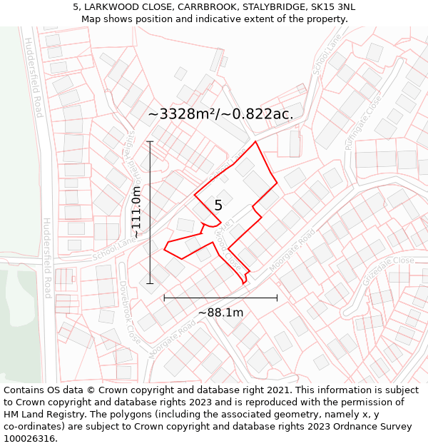 5, LARKWOOD CLOSE, CARRBROOK, STALYBRIDGE, SK15 3NL: Plot and title map