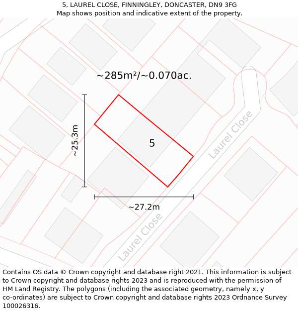 5, LAUREL CLOSE, FINNINGLEY, DONCASTER, DN9 3FG: Plot and title map