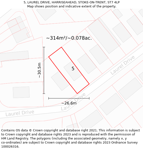 5, LAUREL DRIVE, HARRISEAHEAD, STOKE-ON-TRENT, ST7 4LP: Plot and title map